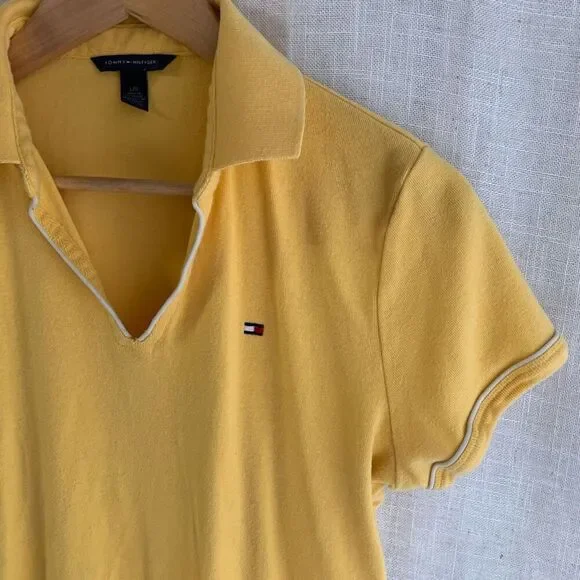 Tommy Hilfiger Womens Logo Polo Top Size L Yellow Tennis Prep Old Money Y2K Golf - Picture 8 of 15